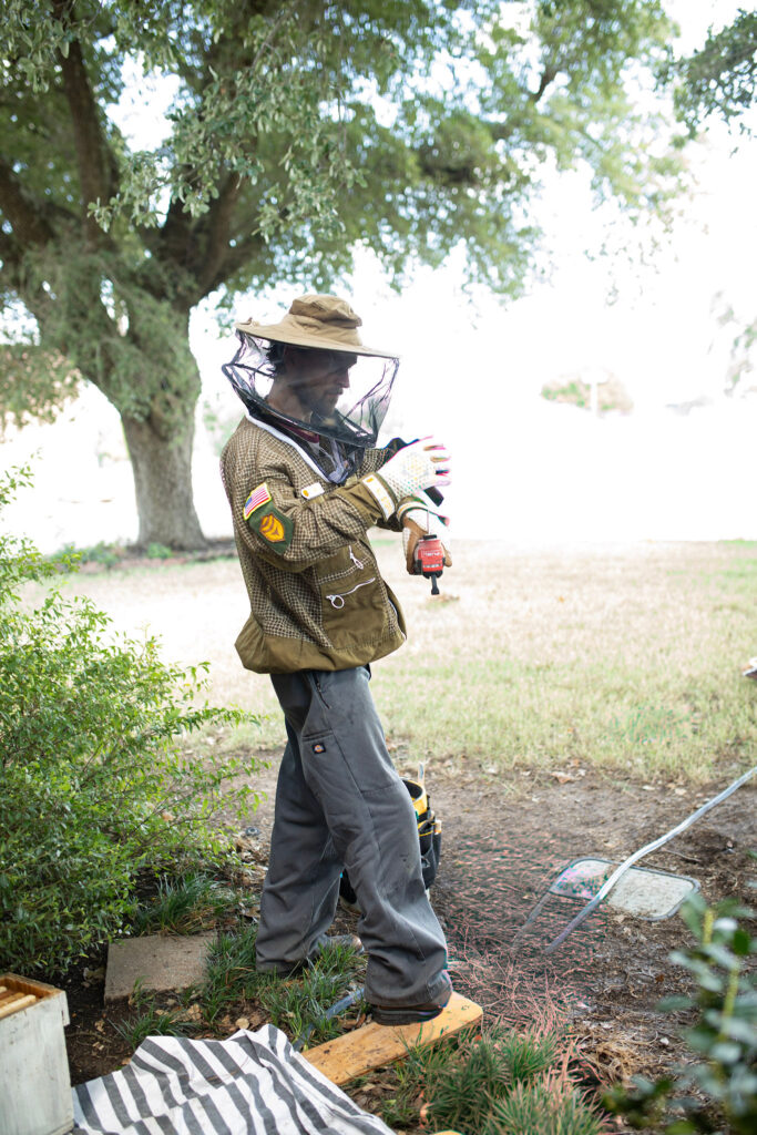 Professional bee suit used for live bee removal in Central Texas